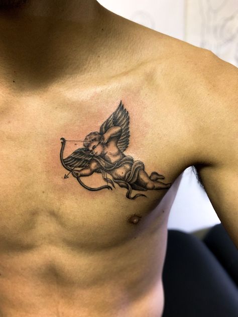 Cherub Neck Tattoo, Cupid Neck Tattoo, Heart Chest Tattoo, Gotik Tattoo, Cupid Tattoo, Small Chest Tattoos, Men Tattoos Arm Sleeve, Forarm Tattoos, Cool Chest Tattoos