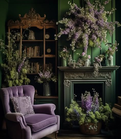 The Life Inside Your Head from Tumblr.com Bohemian Sitting Room, Rich Inspiration, Dark Academia Interior, Dark Green Rooms, Purple Living Room, Lavender Cottage, Moody Decor, Purple Bedrooms, Purple Bedroom