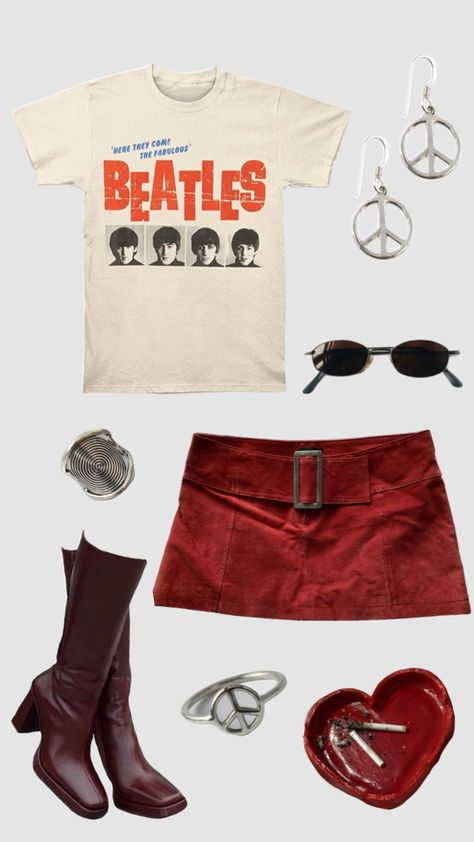 Rockstar gf outfit #outfitinspo #vintage #rockstargf #rockstar #grunge #70s #70saesthetic 90s Rock N Roll Fashion, Last Minute Concert Outfit Ideas, Rock Stars Girlfriend Outfits, Band Tee Aesthetic Outfit, Fall 70s Outfit, Rock Band Shirt Outfits, Rockstar Theme Outfit, Vintage Rock Outfits, 80s Rock Party