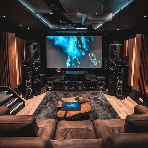 Lavish home theater with leather seating, acoustic paneling, screen, speakers, and ambient lighting for ultimate cinematic experience. Home Theatre Room Ideas Interior Design, Luxurious Home Theater, Home Theatre Room Ideas, Theatre Room Ideas, Paris Market, Paris Markets, Theater Design, Home Cinema Room, Galaxy Images