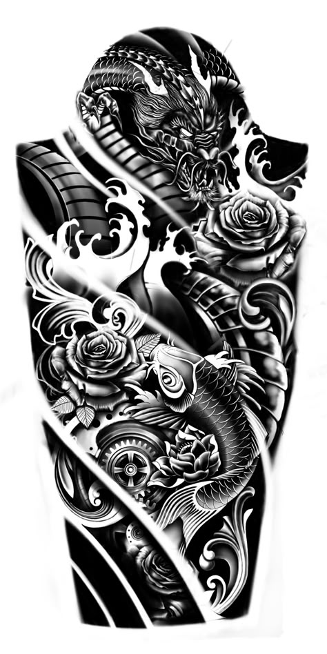 Koi Tattoo Sleeve Forearm, Koi Sleeve Tattoo, Dragon Koi Tattoo Design, Koi Dragon Tattoo, Koi Tattoo Sleeve, Tattoo Homme, Warrior Tattoo Sleeve, Koi Dragon, Japanese Tattoos For Men