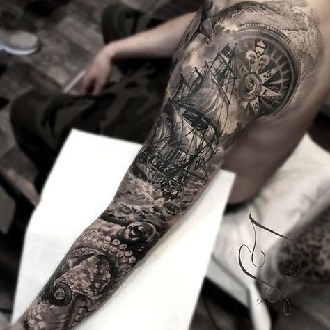 Ship Tattoo Sleeves, Nautical Sleeve, Voll Arm-tattoos, Ocean Sleeve Tattoos, Underwater Tattoo, Nautical Tattoo Sleeve, Viking Tattoo Sleeve, Full Sleeve Tattoo Design, Muster Tattoos