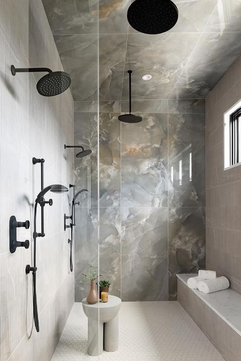 White Hexagon Shower Floor, Hexagon Shower Floor Tile, Shower Ceiling Tile, Hexagon Shower Tile, Hexagon Shower Floor, Shower For Two, Marble Accent Wall, Shower Accent Tile, Marble Shower Walls