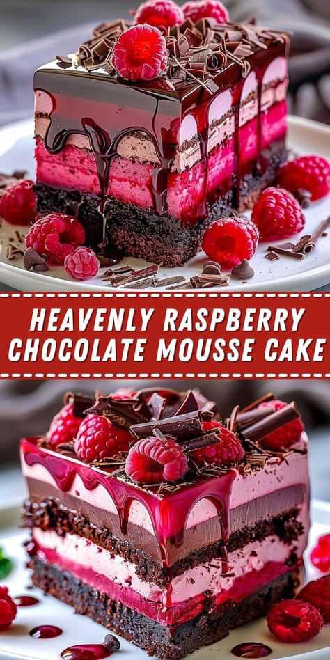 Milk Chocolate Mousse Cake, The Best Chocolate Desserts, Chocolate Raspberry Mousse Cake Recipe, Chocolate Moose Cake Recipe Mousse, Strawberry Chocolate Mousse Cake, Layered Mousse Desserts, Layered Chocolate Dessert, Layered Mousse Cake, Chocolate And Raspberry Desserts