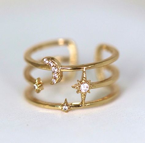 Product details: 18k gold filled adjustable to fit most ring sizes cubic zirconia moon and star detail Adjustable Rings Gold, Star Rings Jewelry, Star And Moon Jewelry, Moon And Star Rings, Clouds Jewelry, Gold Star Jewelry, Moon And Star Jewelry, Moon Star Ring, Rings Star