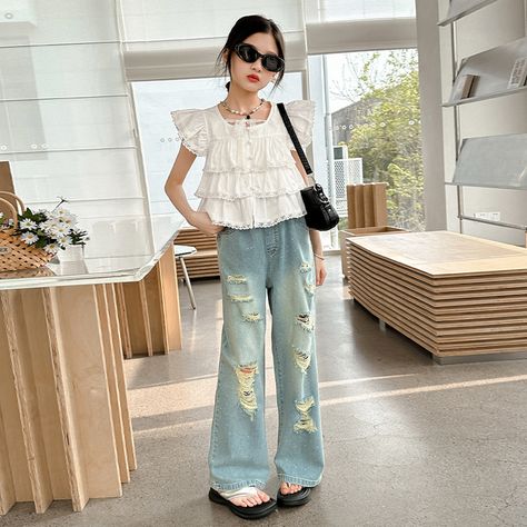 13.67€ 30% OFF|Girl's Summer Set Korean Lace Fly sleeve Tops Rhinestone Ripped Jeans Loose Fashion Casual Teen Children Clothing 10 12 Years| |   - AliExpress 13 Year Girl Outfits, Summer Teen, Loose Fashion, Korean Casual Outfits, Ootd Ideas, Eve Outfit, New Years Eve Outfits, Children Clothing