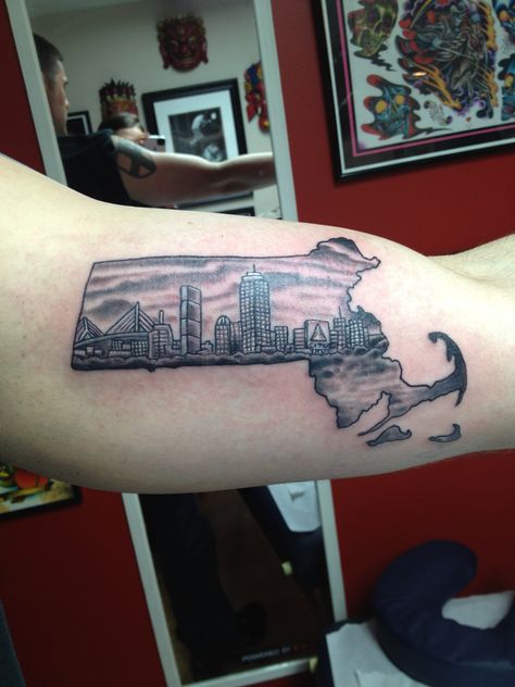 Massachusetts tattoo Boston Skyline Tattoo, Massachusetts Tattoo, Best 3d Tattoos, Boston Tattoo, Skyline Tattoo, Ma Tattoo, Tattoos To Cover Scars, Fox Tattoo, 3d Tattoo