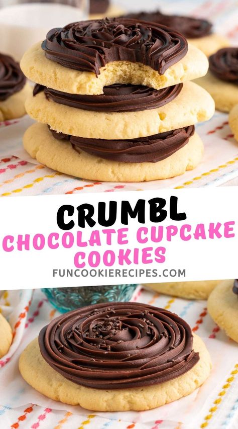 Crumbl Chocolate Cupcake Cookie, Yellow Cake Cookies With Chocolate Frosting, Crumbl Chocolate Cake Cookie, Chocolate Crumble Cookies, Crumbl Recipes, Copycat Cookies, Crumbl Copycat, Flavored Cookies, Crumble Cookie Recipe