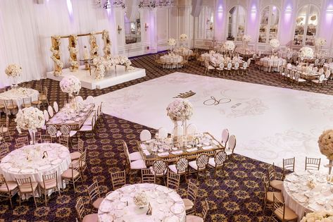 wedding-reception-at-the-legacy-castle-white-dance-floor-and-flowers-gold-seating-accents-royal Tables Photography, Gold Ballroom, Wedding Venue Ideas, Fairy Tail Wedding, Bridal Reflections, Ballroom Reception, Royal Theme, White Wedding Theme, Luxury Wedding Decor