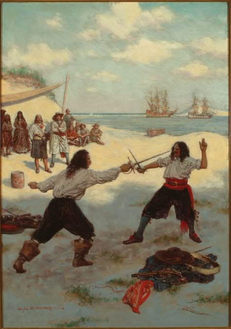 Clyde Osmer Deland (1872-1947) The blades rang together, c. 1924 for Captain Blood by Raphael Sabatini (Boston: Houghton Mifflin Co., 1924) oil on canvas Delaware Art Museum Pirate Images, Age Illustration, Nc Wyeth, N C Wyeth, Golden Age Of Piracy, Howard Pyle, Pirate Stuff, Sea Of Thieves, Pirates Life