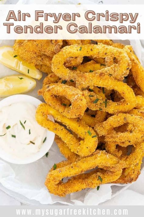 This Air Fryer Calamari is light and crispy, made with less oil and not greasy at all. Made with fresh or frozen calamari its coated in breadcrumbs with a dusting of salt and pepper. Frozen Calamari In Air Fryer, Airfryer Calamari Recipes, Air Fryer Calamari Rings, Calamari Recipes Air Fryer, Calamari Steak Recipe Air Fryer, Frozen Calamari Recipes, Air Fryer Calamari Recipe, Air Fryer Squid, Airfryer Calamari