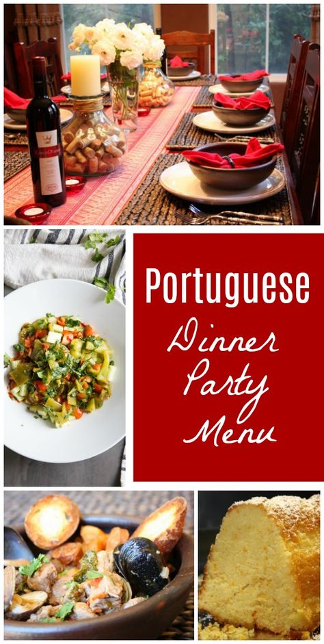 Portuguese Dinner Party Menu from RecipeGirl.com #portuguese #dinner #party #entertaining #menu #RecipeGirl via @recipegirl Fancy Fundraiser Ideas, Country Themed Dinner Party, International Menu Ideas, International Dinner Party Ideas, Portuguese Party Theme, Portuguese Dinner Party, Dinner Club Themes, Portuguese Salads, Portuguese Recipes Dinner