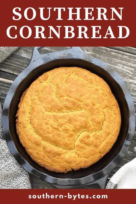 Southern Cornbread takes simple yellow cornmeal and brings out the naturally sweet flavor of corn, without adding sugar. Cooked in a cast iron skillet with bacon drippings - it will please even the toughest critics. Cornbread Recipe Using Cornmeal, Cornbread Recipe No Sugar, Savory Cornbread Recipe, Cornmeal Cornbread, Southern Cornbread Recipe, Southern Style Cornbread, Cornmeal Recipes, Leftover Cornbread, Dressing Recipes Thanksgiving