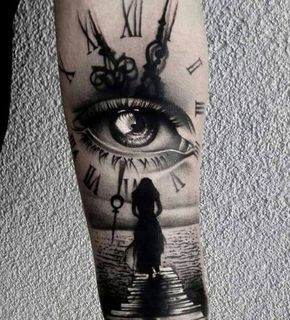 This tattoo of a woman walking into the horizon of the sky that has the face of a clock and an eye can signify memories of a loved one. The clock depicts transition of time while the eye shows protection and trust. The hands of the clock can be used to portray the exact time when the woman you loved left or passed on. #tattoofriday #tattoos #tattooart #tattoodesign #tattooidea Tattoo Hourglass, Girls Tattoos, Skull Girl Tattoo, Polynesian Tattoos, Girls With Sleeve Tattoos, Half Sleeve Tattoos For Guys, Geniale Tattoos, Shoulder Tattoos, Clock Tattoo