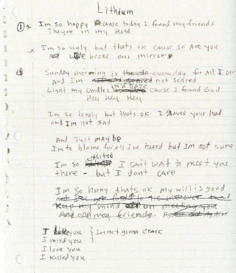 Original 'Lithium' lyrics written by Kurt Cobain Lyrics Nirvana, Nirvana Lithium, Nirvana Lyrics, Nirvana (lyrics), Nirvana Songs, Krist Novoselic, Kurt Nirvana, Find My Friends, Papa Roach