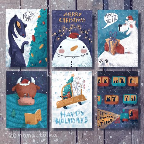 Set of christmas cards. на Behance Merry Christmas Wallpaper, New Year Postcard, Christmas Card Design, Christmas Postcard, Illustration Graphic Design, New Year Card, Christmas Illustration, Graphic Design Adobe, Christmas Wallpaper