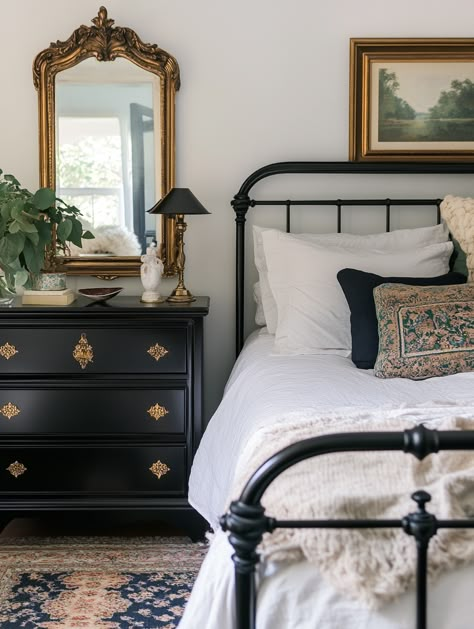 Black Bedroom Furniture Boho, Vintage Bedroom Minimalist, Black And White Bedroom Vintage, Black And White French Country Bedroom, Black Wooden Furniture Bedroom, Black Cottage Bedroom, Black And White Vintage Bedroom Ideas, 1920s Inspired Bedroom, Simple Gothic Bedroom