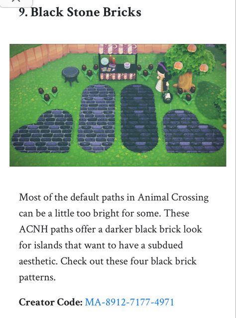 Acnh Black Rose Path, Black Animal Crossing Path, Black Stone Path Animal Crossing, Acnh Dark Paths Designs, Acnh Black Path Codes, Goth Path Animal Crossing, Acnh Goth Interior, Acnh Witchy Path, Acnh Gothic Paths Designs