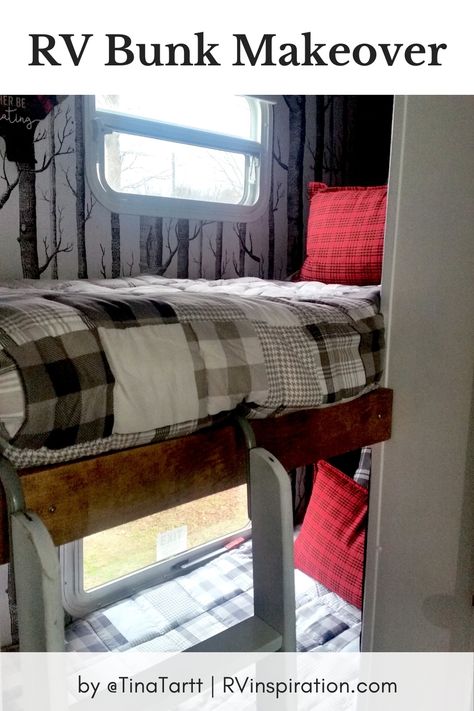 Bunk beds decorated with rustic cabin themed decor #RVdecor #RVbunks #RVbunkhouse #Rustic#RVDecor Rustic Camper Makeover, Full Time Camper Living Hacks, Travel Trailer Renovation, Camper Organization Rv Living, Diy Travel Trailer, Trailer Redo, Trailer Makeover, Cozy Camper, Rv Remodeling