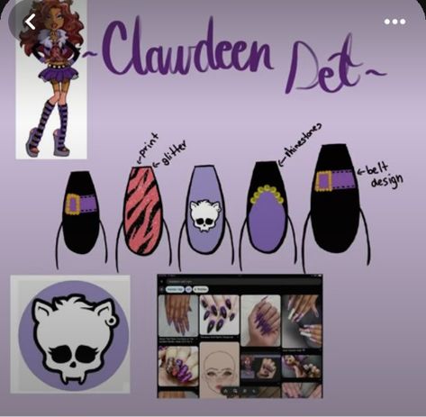 Clawdeen Wolf Nails Designs, Monster High Nails Clawdeen, Clawdeen Tattoo, Monster High Nails Draculaura, Monster High Nails Designs, Draculaura Inspired Nails, Clawdeen Wolf Nails, Frankie Stein Nails, Monster High Nail Art