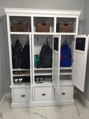 Lounge Storage Ideas, Home Locker Room, Kids Backpack Storage, Closet Into Mudroom, Mudroom Lockers With Doors, Book Bag Storage, Lockers With Doors, Diy Mudroom Lockers, Earring Holder Wall