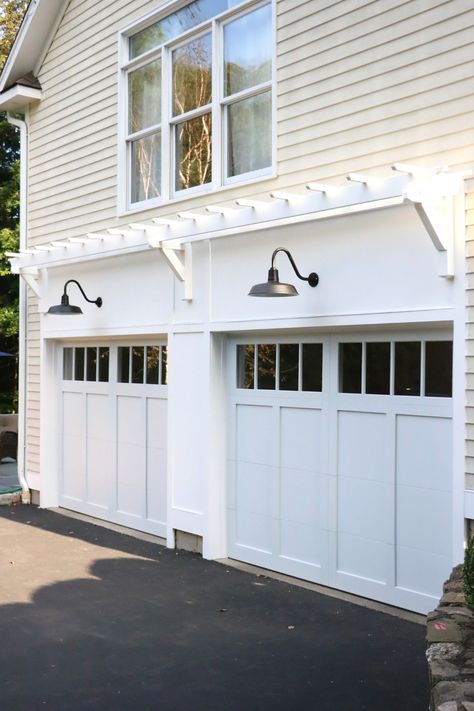 Trellis Above Garage, Trellis Over Garage, Garage Door Trellis, Garage Arbor, Garage Trellis, Garage Door Lights, Garage Pergola, Barn Light Electric, Building A Garage