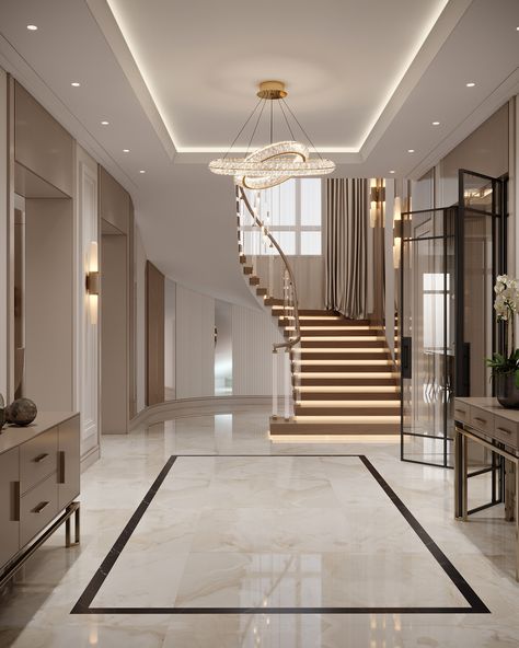 Stairs Front Door Entryway, Modern House Hallway, Fancy Staircases, Penthouse Staircase, Bathroom False Ceiling, High Ceiling Entryway, Cozy Baby Room, Staircase Runner, Piscina Interior