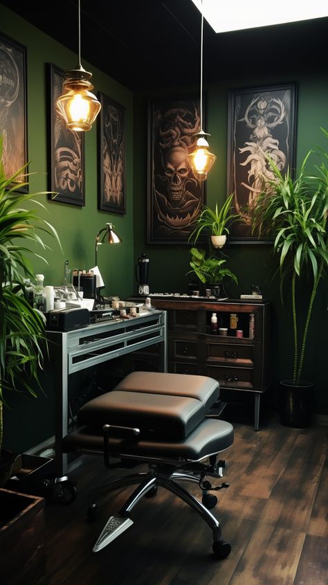 Eclectic Tattoo Shop, Tattoo Shop Ideas Studios, Tattoo Room Studio Decor, Green Nail Salon Interior Design, Goth Salon, Tattoo Room Studio, Tattoo Studio Aesthetic, Skin Room, Tattoo Shop Decor