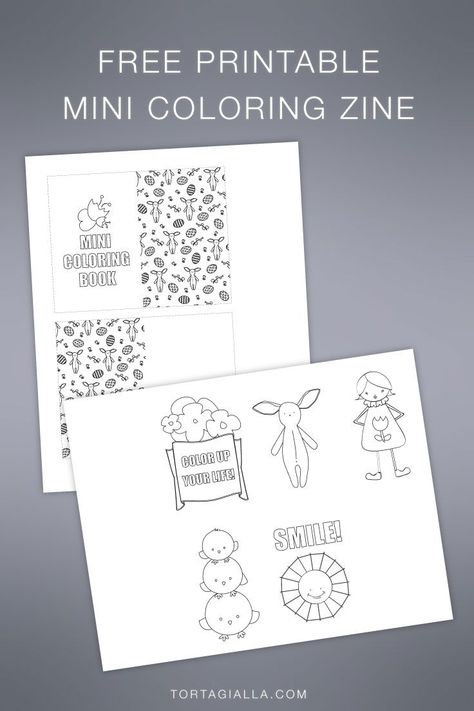 Download this free printable mini coloring zine and watch how to put it together for a fun crafting session with the kids - DIY on tortagialla.com Mini Colouring Book Printable, Tiny Book Printable, Mini Book Pages Free Printable, Free Printable Mini Coloring Books, One Page Zine Template, Book Binding Types, Mini Zine, Mini Booklet, Facebook Art