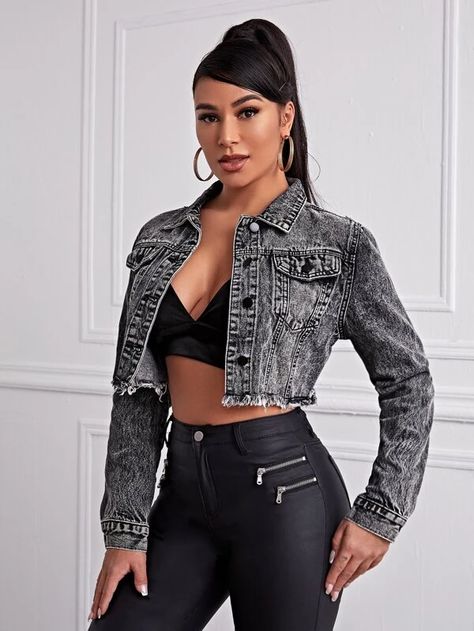 Frayed Hem Denim Jacket | SHEIN USA Cropped Denim Jacket Outfit Baddie, Grey Jacket Outfit, Cropped Denim Jacket Outfit, Long Tight Dress, Grey Hoodies Womens, Grey Clothes, Grey Jean Jacket, Tough Clothes, Outfits Bonitos