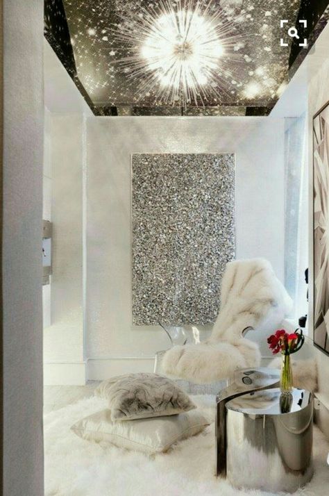 Home decor ideas Academia Room, Glam Living, Glitter Wall, Glam Room, Salon Interior Design, Glam Decor, White Fur, White Furniture, The Ceiling