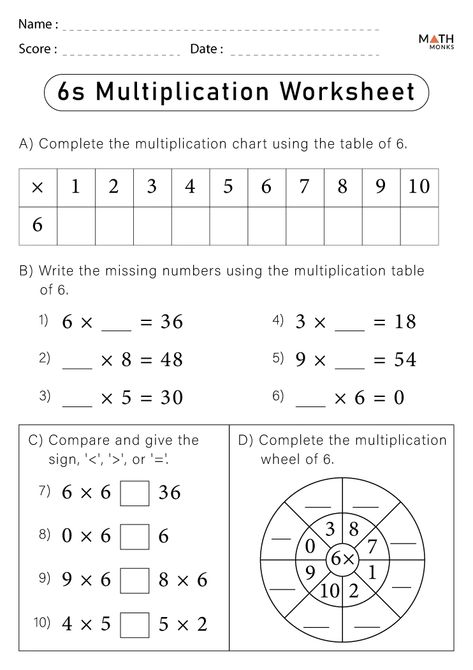 Multiplication by 6 Worksheets - Math Monks Math Tables Worksheets, Math Worksheets For Grade 6, Multiplication By 6 Worksheets, Multiplication For Beginners, Morning Sheets, 5th Class Maths Worksheets, Multiplication Worksheets Class 2, Multiply By 2 Worksheet, Multiply Worksheet Grade 2