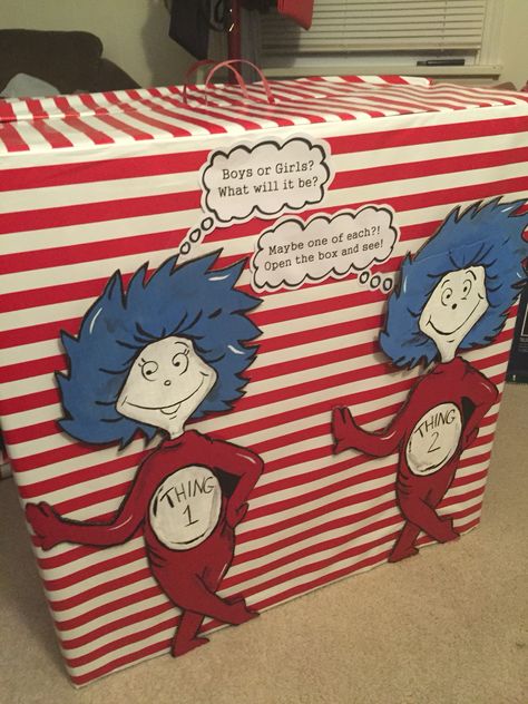 gender reveal box for twins. thing 1 thing 2 Gender Reveal Box, Gender Reveal Party Ideas, Reveal Party Ideas, Twins Announcement, Twin Gender Reveal, Twin Pregnancy Announcement, Gender Reveal Party Theme, Gender Announcements, Gender Reveal Themes