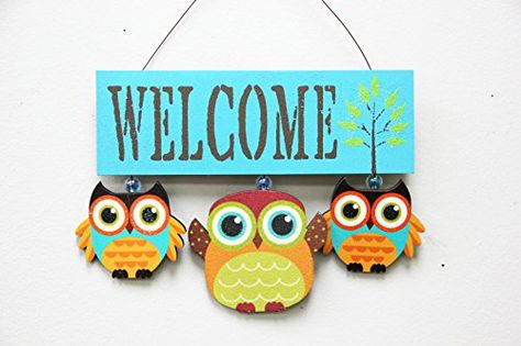 New Designed Wood Owls Welcome Sign Blue >>> Details can be found by clicking on the image. (This is an affiliate link) #HomeDecorAccents Summer Door Decorations, Owl Wall Decor, Welcome Door Signs, Wood Owls, Wooden Owl, Colorful Owls, Owl Ornament, Owl Wall, Owl Decor