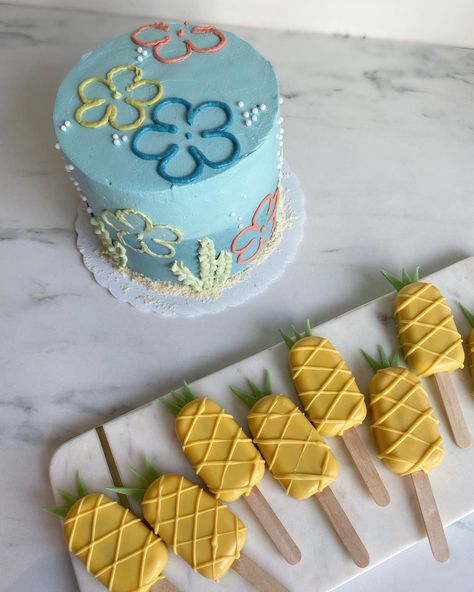 SpongeBob cake and cakesicles He Was Number 1 Spongebob, Spongebob Cakesicles, Spongebob Number Cake, Sweet 16 Spongebob, Spongebob Wedding Theme, Spongebob Cake Pops, Spongebob Desserts, Spongebob Theme Birthday, Spongebob Treats