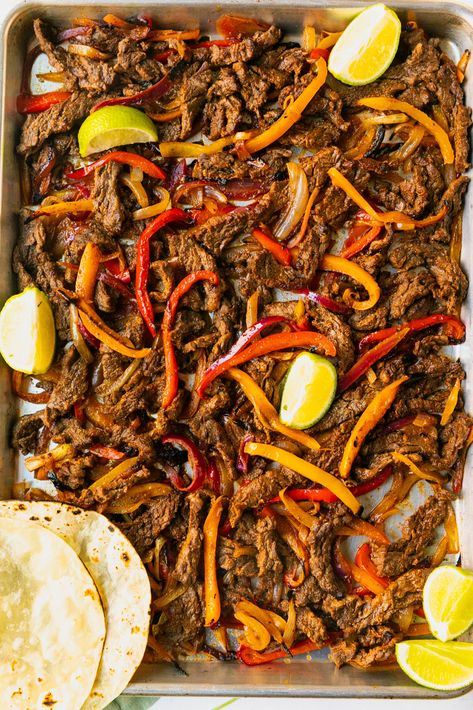 Sheet Pan Steak Fajitas (with Chicken Option!) - Never Not Hungry Steak Sheet Pan, Sheet Pan Steak Fajitas, Steak Fajitas Recipe, Sheet Pan Steak, Sheet Pan Fajitas, Pan Fajitas, Steak Fajita Recipe, Not Hungry, Pan Steak