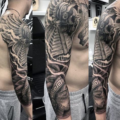 Sleeve Tattoos Japanese, Aztec Warrior Tattoo, Aztec Tattoos Sleeve, Tattoos Leg, Tattoos Japanese, Mayan Tattoos, Aztec Tattoos, Mexican Art Tattoos, Aztec Tattoo