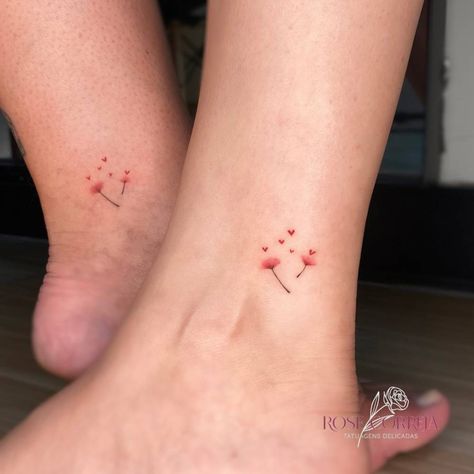 Minimalistic matching dandelion seeds tattoo for best Dandelion Matching Tattoos, Matching Dandelion Tattoo, Red Dandelion Tattoo, Flower Matching Tattoos, Mother Daughter Tattoos Dandelion, Seeds Tattoo, Minimalist Sister Tattoo, Dandelion Tiny Tattoo, Minimalist Friendship Tattoos