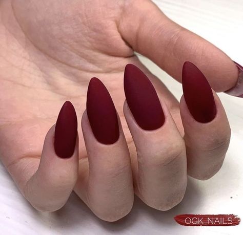 Deep Red Nails Matte, Matte Dark Red Nails Almond, Mate Red Nails, Taupe Nails Acrylic, Matte Dark Red Nails, Burgundy Matte Nails, Matte Maroon Nails, Red Matte Nails, Red Gel Nails