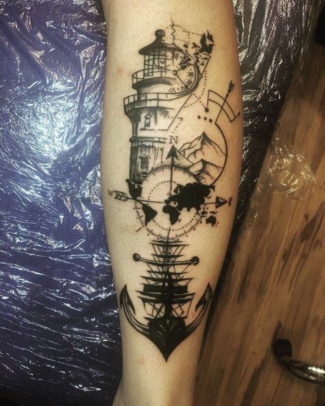 Ship Calf Tattoo, Sailor Tattoos Men, Lighthouse Tattoo Design, Coastal Tattoos, Sailboat Tattoo, Totem Tattoo, Sailor Tattoos, Spartan Tattoo, Autumn Tattoo