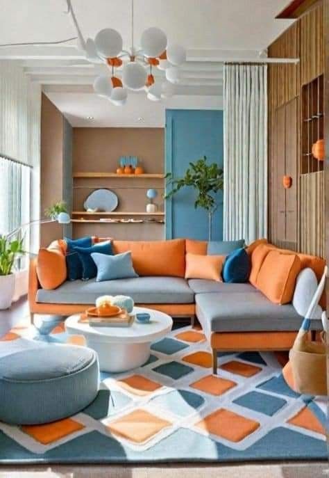 Amazing style combined color orange grey's living room inspiration ideas #cozyhome#livingroom Orange Accents Living Room, Colored Living Room, Blue And Orange Living Room, Blue Curtains Living Room, Living Room Inspiration Grey, Turquoise Room, Blue Couch, Orange Rooms, Large Sectional