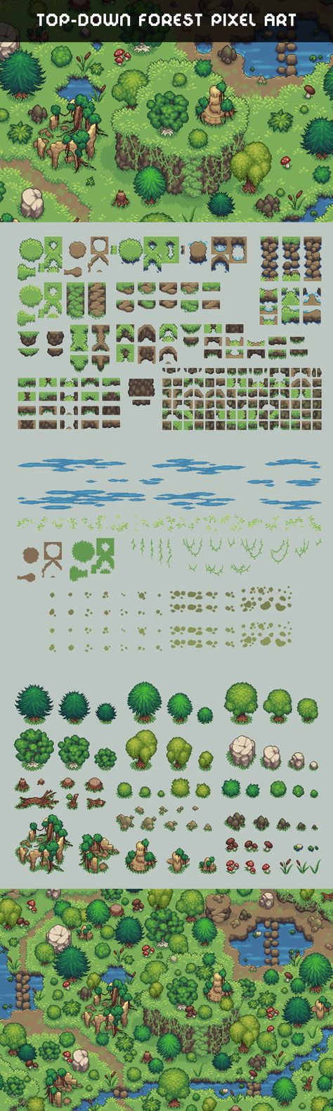 The Forest Top-Down Tileset Pixel Art is a versatile sprite set that allows game developers to create beautiful forest locations. You can use it in various genres such as RPG, adventures, quests, tower defense, and more. Top Down Tileset Pixel Art, Pixel Art Characters Top Down, Top Down Pixel Game, Pixel Top Down, 2d Top Down Game Art, Pixel Art Sprite Sheet, Top Down Pixel Art Characters, Pixel Art Assets, Rpg Maker Tileset