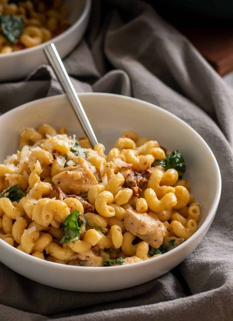 This lighter version of the classic Tuscan Chicken Pasta recipe substitutes broth for the usual heavy cream. It's just as delicious with a fraction of the calories! #HealthyPasta #PastaRecipe #ChickenRecipe #DinnerIdea #EasyWeeknightDinner Chicken Broth Pasta, Tuscan Chicken Pasta, Favorite Recipes Chicken, Tuscan Chicken, Food Substitutions, Comfort Food Recipes Dinners, Chicken Pasta Recipes, Healthy Pastas, Quick Dinner Recipes