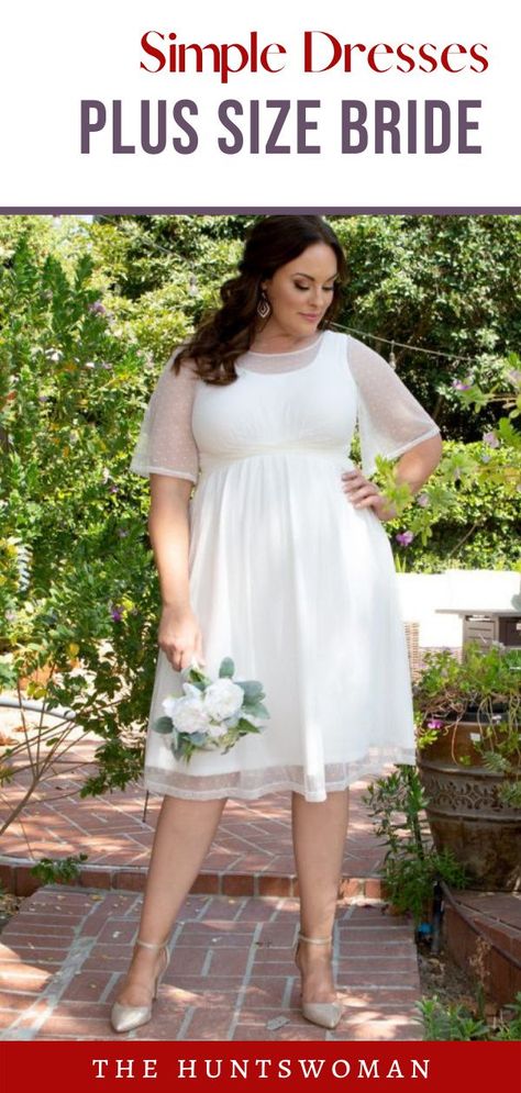 looking for a simple short plus size wedding dress for a curvy bride? Click on this roundup to see recommended simple and elegant wedding dresses, some brands available for fully custom orders! This dress is perfect for a court house wedding or simple ceremony!! 2nd Marriage Wedding Dress Plus Size, Civil Ceremony Dress Plus Size, 2nd Wedding Dress Over 40 Plus Size, Simple Second Wedding Dress, Older Bride Dresses Over 50 Plus Size, Plus Size Short Wedding Dresses, Informal Wedding Dress, Plus Size Elopement Dress Casual, Plus Size Wedding Dresses Short