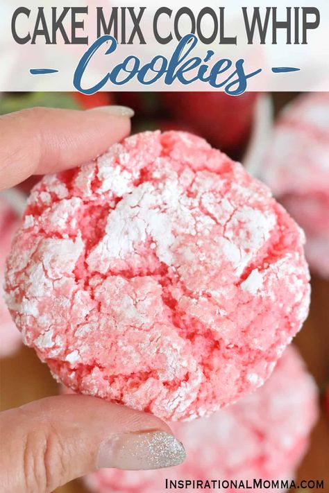 These cake mix Cool Whip cookies are soft, chewy, and loaded with strawberry flavor, thanks to strawberry cake mix! #inspirationalmomma #cakemixcoolwhipcookies #cakemixcookies #coolwhipcookies #cakemixcoolwhipcookiesrecipe Great American Strawberry Cookie Recipe, Strawberry Crackle Cookie, Valentines Pastries, Valentine’s Day Cookies, Pink Pastries, Pink Lemonade Frosting, Valentine Snacks, Strawberry Lemonade Cookies, Valentine Snack