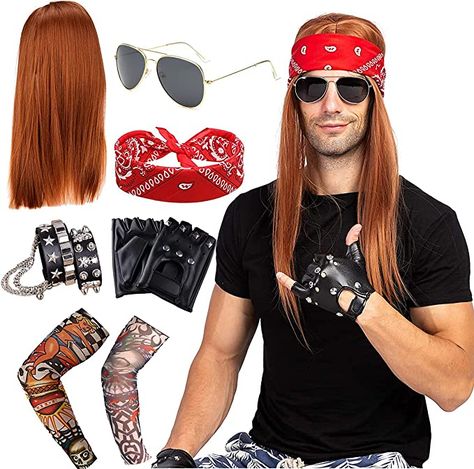 Men's Rock Star Heavy Metal Wig Set Rockstar 80s Costume Accessories Polished Cross Pendant Necklace Long Curly Hat Sunglasses Rocker Costume Wig Rocker Fancy Dress Accessories Black 1980s Fancy Dress, Rocker Costume, 1980s Costume, 80s Fancy Dress, Pendant Necklace Long, Temporary Tattoo Sleeves, 80s Costume, Fancy Dress Accessories, Costume Wigs