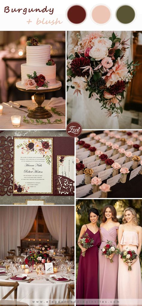 burgundy and blush wedding color inspiration for spring wedding Summer Whimsical Wedding, Mulberry Wedding Color Scheme, Wedding Season Colors, Burgundy Wedding Theme, Wedding Theme Color Schemes, Burgundy Wedding Colors, Blush Wedding Colors, Twilight Wedding, Burgundy And Blush Wedding