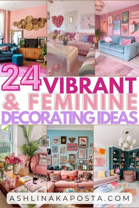 24 Feminine & Vibrant Living Room Styling Ideas that will boost your mood — ASHLINA KAPOSTA Small Whimsical Living Room, Fun Bright Living Room, Colorful Living Spaces, White And Bright Living Room, Blue And Pink Maximalism, Colorful Girly Living Room, Colorful Eccentric Living Room, Pink Accents In Living Room, Small Girly Living Room Ideas