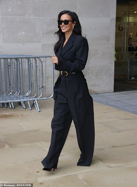 Maya Jama looks incredibly chic in a stylish black suit as she departs Radio 1 - after admitting she's 'feeling the pressure' to don sexy outfits for Love Island All Stars | Daily Mail Online Presenter Outfits Women, Smart Casual Black Women, Black Modest Outfits, Maya Jama Style, Tailored Outfits For Women, Suit Aesthetic Woman, Racy Outfits, Aw24 Outfits, All Black Summer Outfits