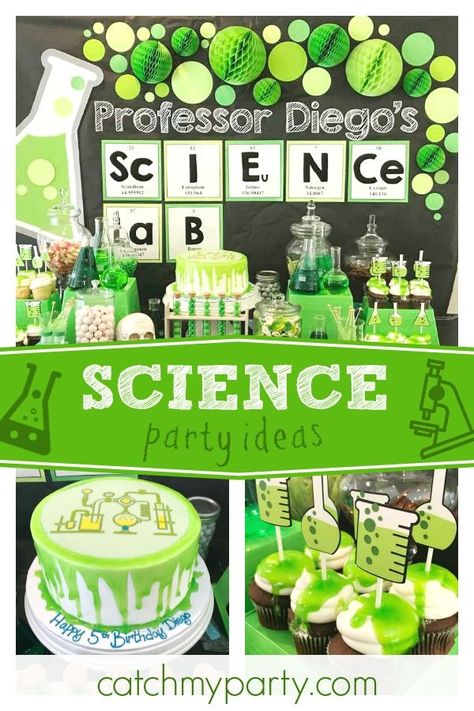 Take a look at this fantastic mad scientist themed birthday party! The cupcakes are so cool!! See more party ideas and share yours at CatchMyParty.com   #catchmyparty #partyideas #science #scienceparty #boybirthdayparty Science Party Cupcakes, Science Birthday Party Ideas Decoration, Science Lab Party, Science Lab Birthday Party Ideas, Science Lab Birthday Party, Science Invitations, Science Party Decorations, Science Lab Decorations, Mad Scientist Halloween